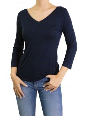 Maglia scollo a V tinta unita con manica 3/4